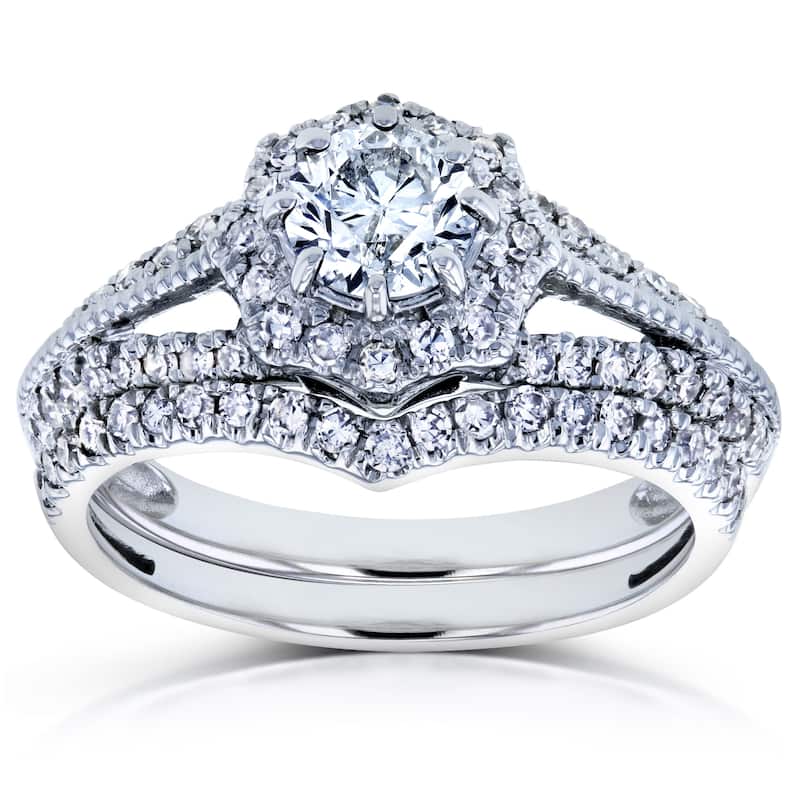 Annello by Kobelli 14k White Gold 1ct TDW Diamond Star Halo Bridal Set