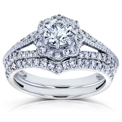 Annello by Kobelli 14k White Gold 1ct TDW Diamond Star Halo Bridal Set