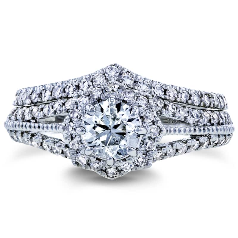 Annello by Kobelli 14k White Gold 1ct TDW Diamond Star Halo Bridal Set