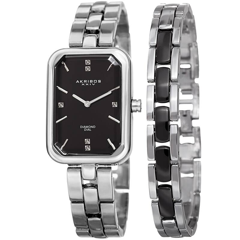 Akribos XXIV Women's Quartz Diamond Rectangular Silver-tone Watch with Jewelry Bracelet