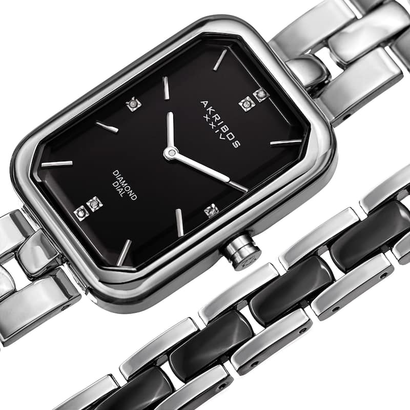 Akribos XXIV Women's Quartz Diamond Rectangular Silver-tone Watch with Jewelry Bracelet