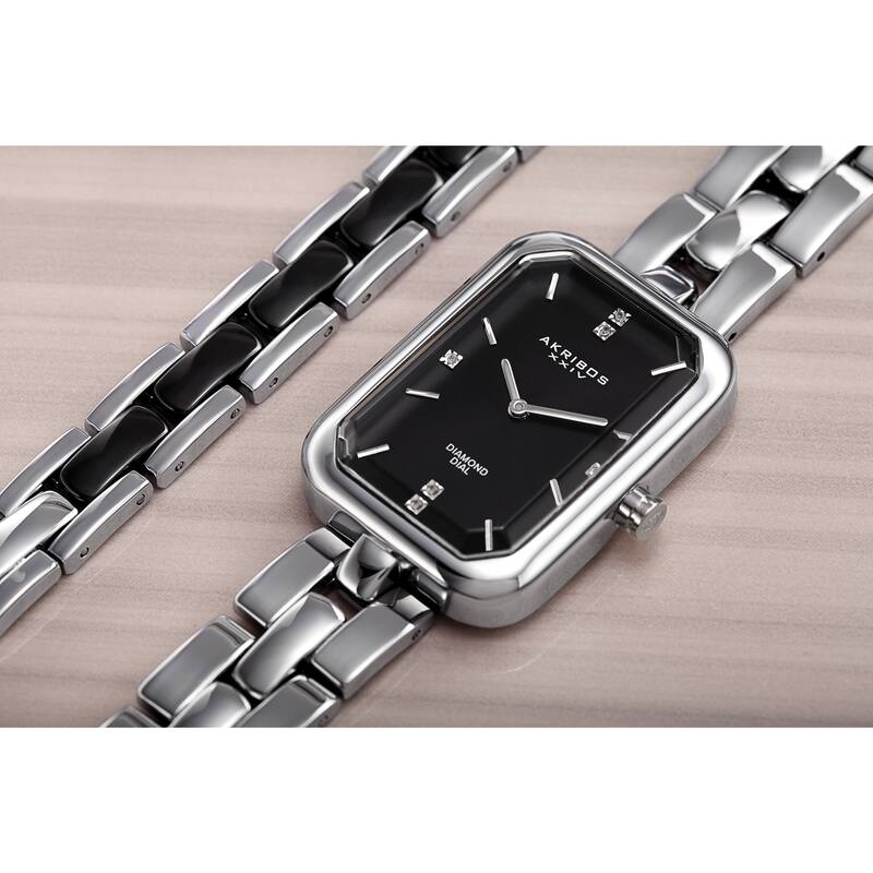 Akribos XXIV Women's Quartz Diamond Rectangular Silver-tone Watch with Jewelry Bracelet