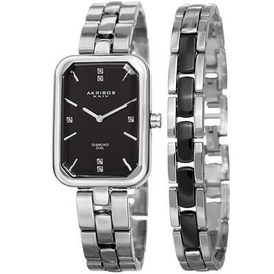 Akribos XXIV Women's Quartz Diamond Rectangular Silver-tone Watch with Jewelry Bracelet