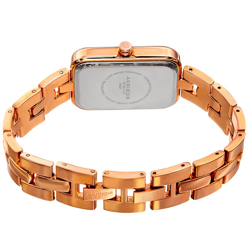 Akribos XXIV Women's Quartz Diamond Rectangular Rose-Tone Watch + Jewelry Bracelet