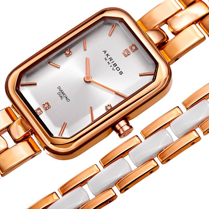 Akribos XXIV Women's Quartz Diamond Rectangular Rose-Tone Watch + Jewelry Bracelet