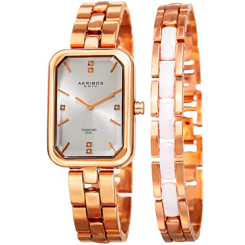 Akribos XXIV Women's Quartz Diamond Rectangular Rose-Tone Watch + Jewelry Bracelet