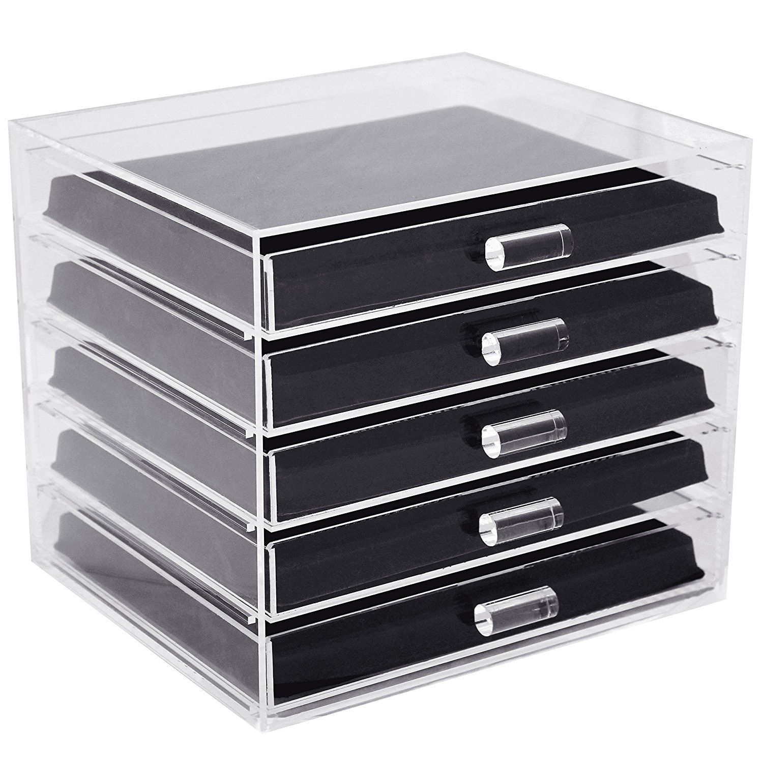 Acrylic 5-Tier Jewelry Organizer with 5- and 16-compartment Flocked Display Inserts