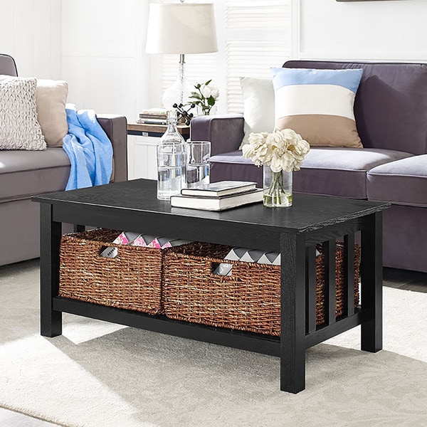 40 Coffee Table With Wicker Storage Baskets Black X 22 40 Coffee Table With Wicker Storage Baskets Black X 22