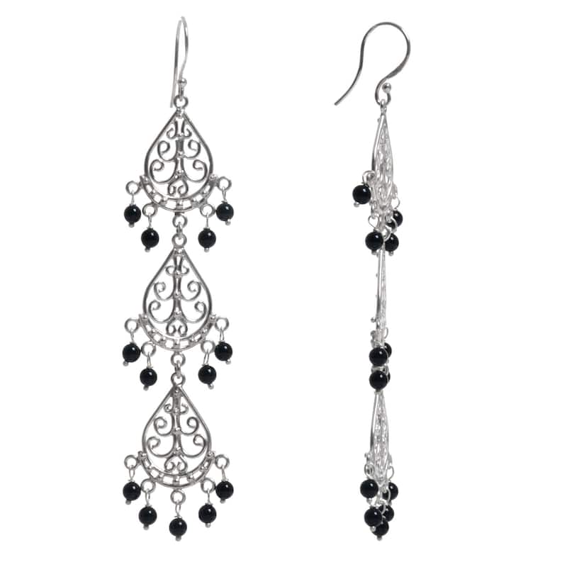 Handmade Sterling Silver Serene Dawn Onyx Earrings (Indonesia) - 3.4L*0.7W