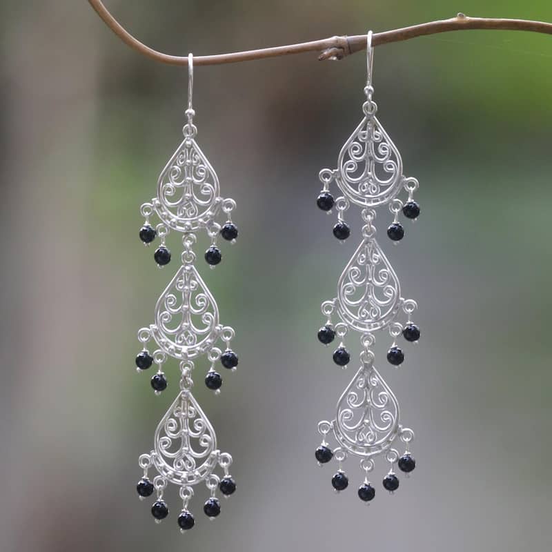 Handmade Sterling Silver Serene Dawn Onyx Earrings (Indonesia) - 3.4L*0.7W