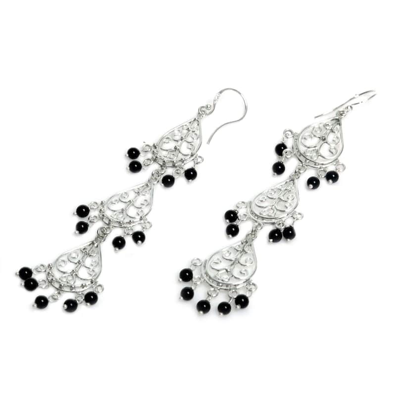 Handmade Sterling Silver Serene Dawn Onyx Earrings (Indonesia) - 3.4L*0.7W