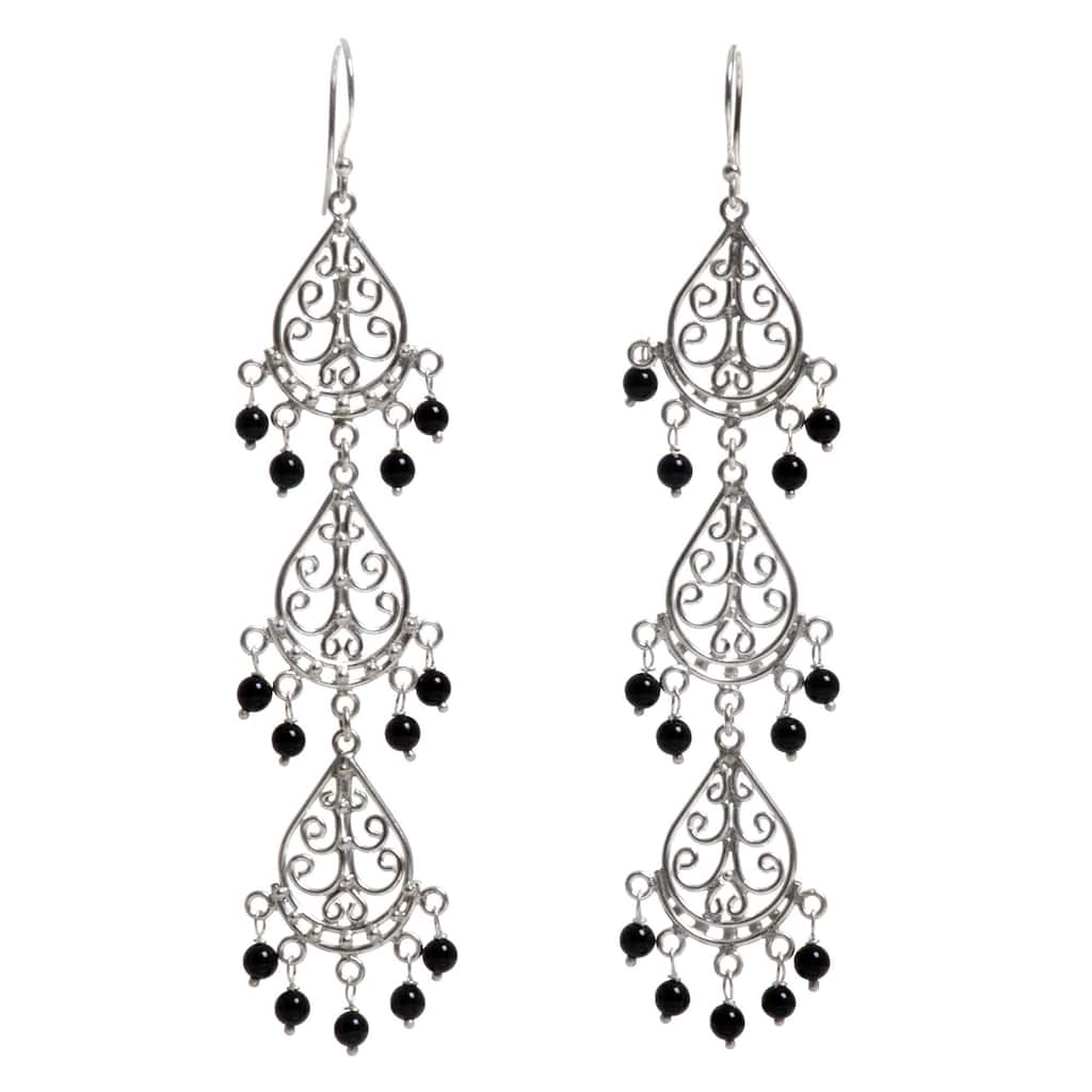 Handmade Sterling Silver Serene Dawn Onyx Earrings (Indonesia) - 3.4L*0.7W