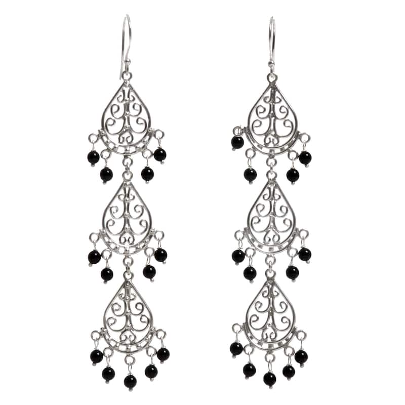 Handmade Sterling Silver Serene Dawn Onyx Earrings (Indonesia) - 3.4L*0.7W - 3.4L*0.7W - Black - Silver - White