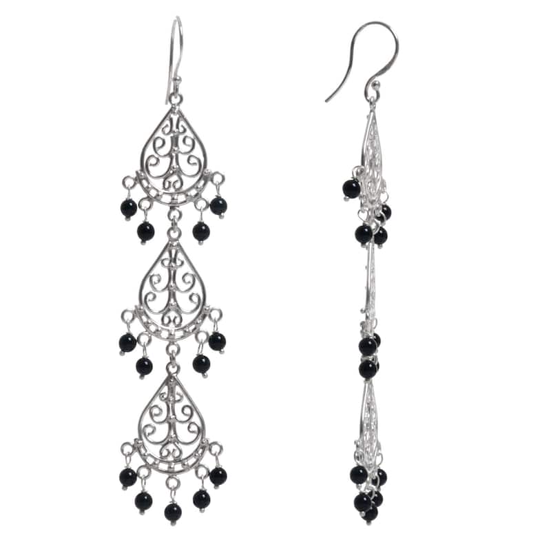Handmade Sterling Silver Serene Dawn Onyx Earrings (Indonesia) - 3.4L*0.7W