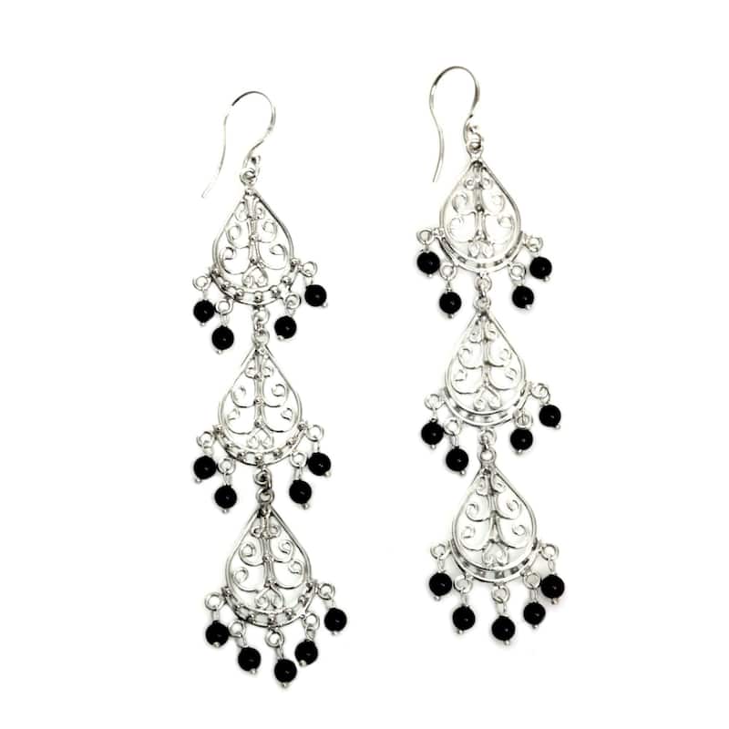 Handmade Sterling Silver Serene Dawn Onyx Earrings (Indonesia) - 3.4L*0.7W