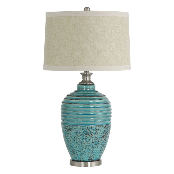 Beta Teal Ceramic and Tan Linen Shade Glazed Table Lamp