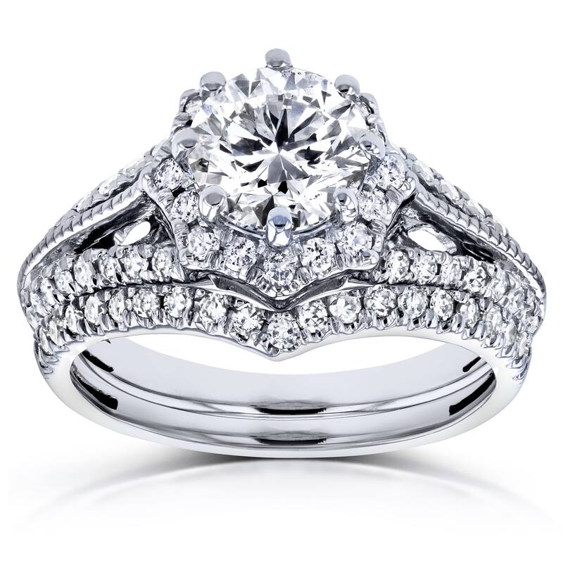 Annello by Kobelli 14k White Gold 1 1/2ct TDW Diamond Star Halo Bridal Set