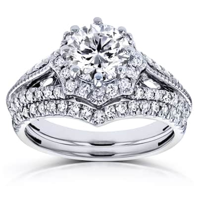 Annello by Kobelli 14k White Gold 1 1/2ct TDW Diamond Star Halo Bridal Set
