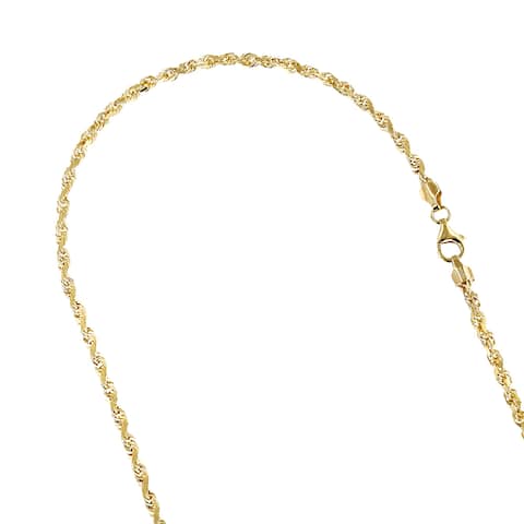 Luxurman Solid 14k Gold 3-mm Wide Rope Chain Diamond Cut Necklace Lobster Clasp