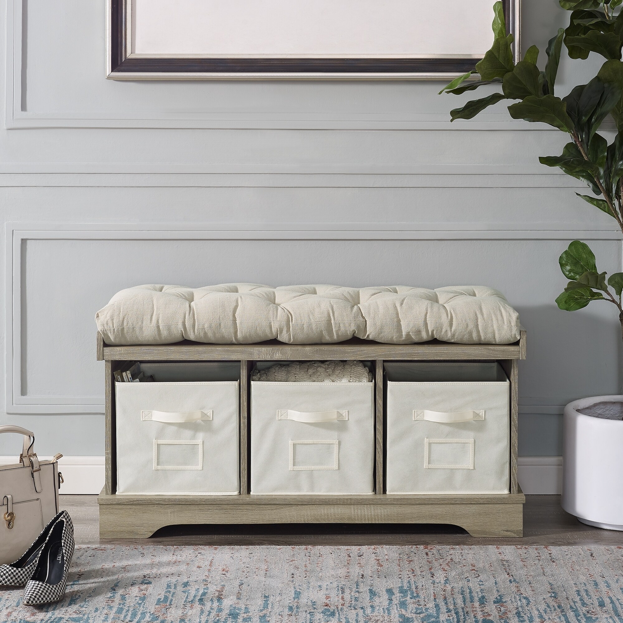 42 Inch Farmhouse Wood Entryway Storage Bench W Cushion And 42 Inch Farmhouse Wood Entryway Storage Bench W Cushion And