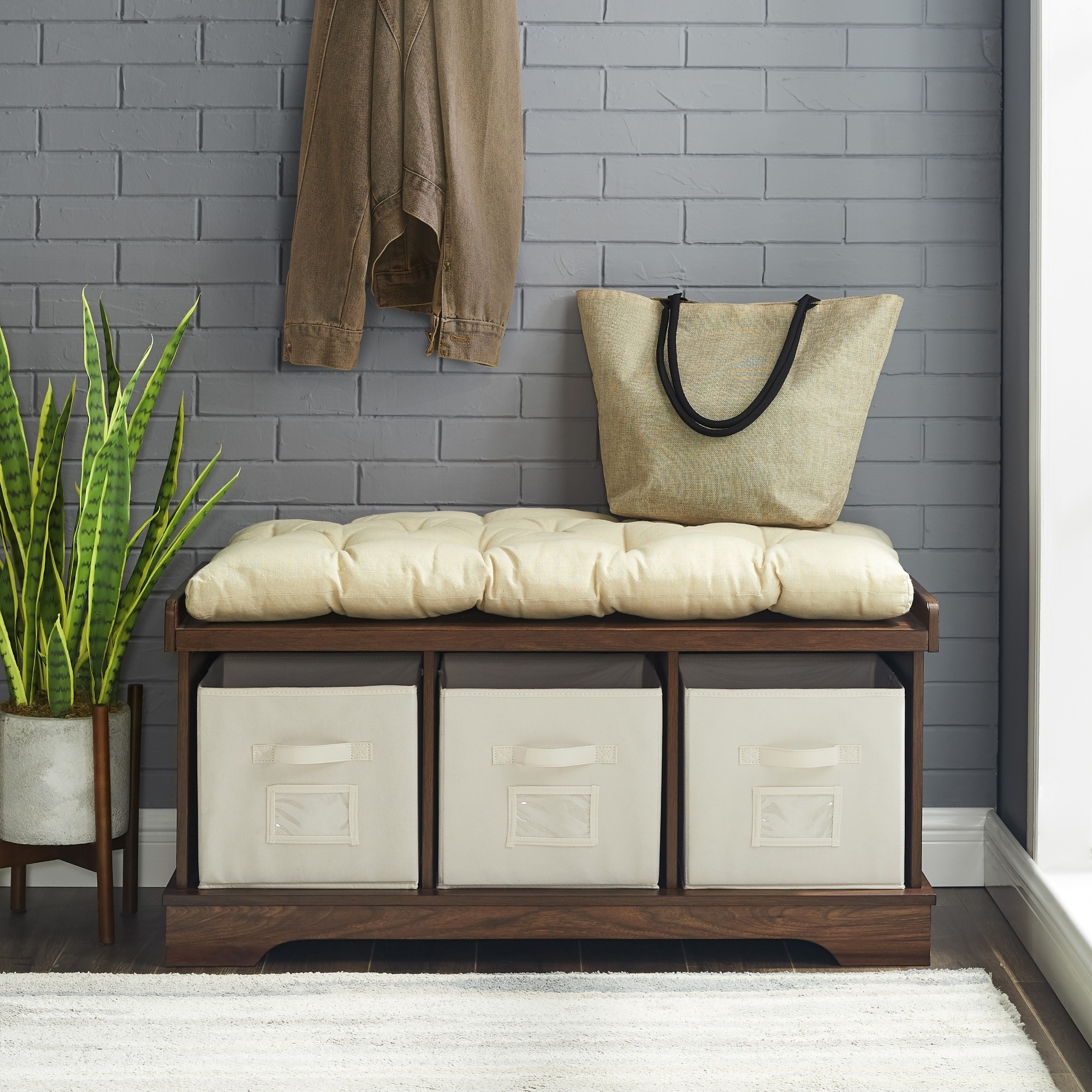 storage bench with cushion and baskets