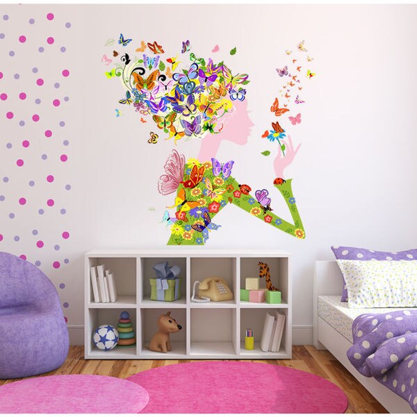 Shop Full color Girl butterfly flowers sticker, Girl Decal ...
