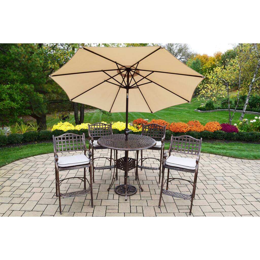 7 Pc Bar Set with Round Table, 4 Bar Stools, Umbrella and Stand