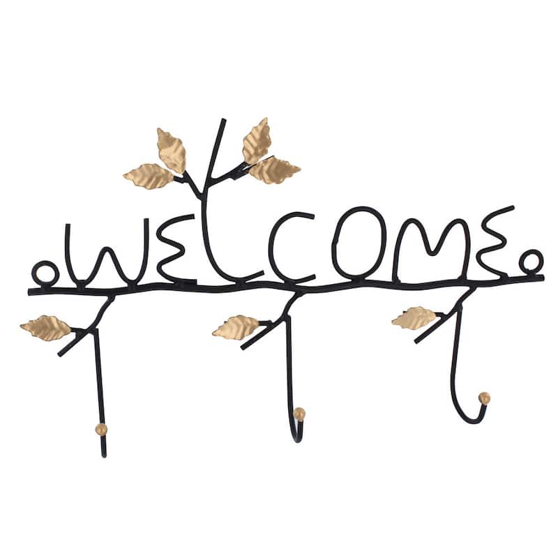 'Welcome' Wall-mounted 3-hook Hanging Organizer - Black