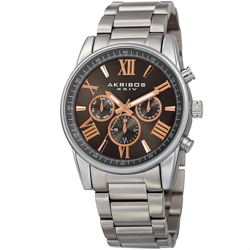 Akribos XXIV Men's Quartz Multifunction Leather Stainless Steel Brown/Silver-Tone Bracelet Strap Wat