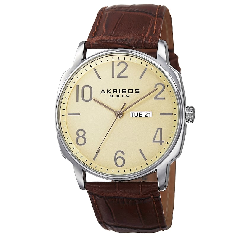 Akribos XXIV Men's Quartz Multifunction Leather Stainless Steel Brown/Silver-Tone Bracelet Strap Wat