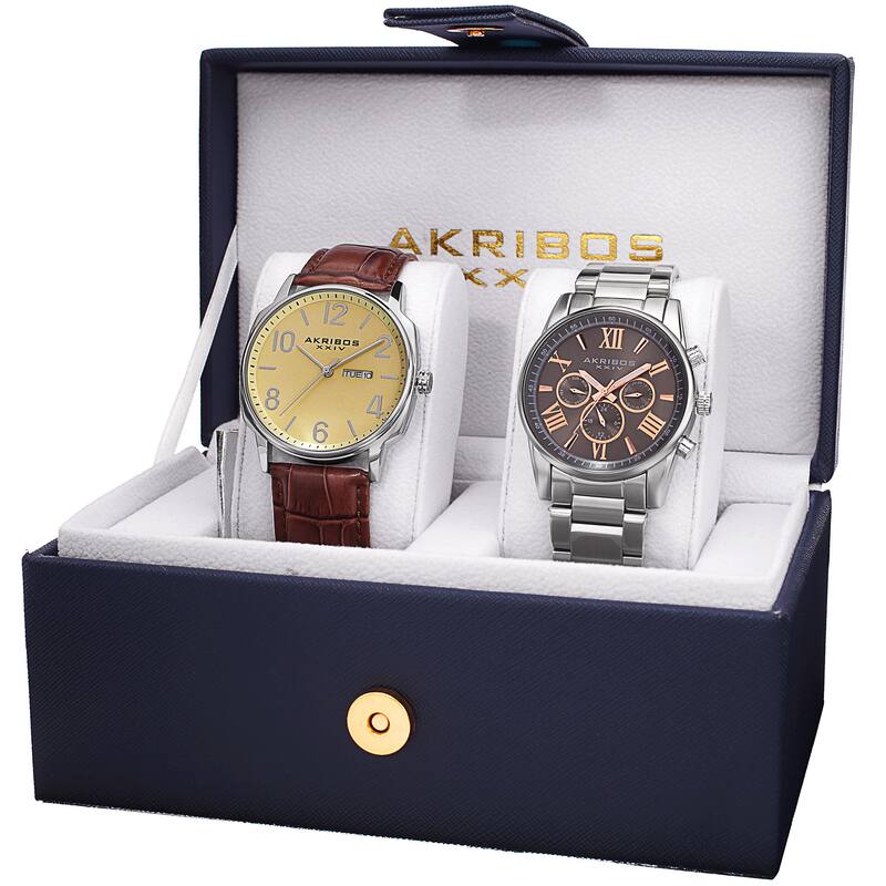 Akribos XXIV Men's Quartz Multifunction Leather Stainless Steel Brown/Silver-Tone Bracelet Strap Wat
