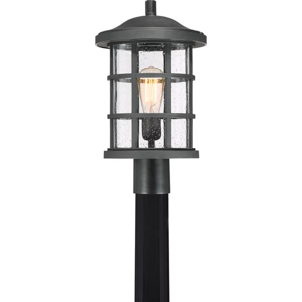 slide 1 of 1, Quoize Crusade Black Finish Seed Glass Large Post Lantern