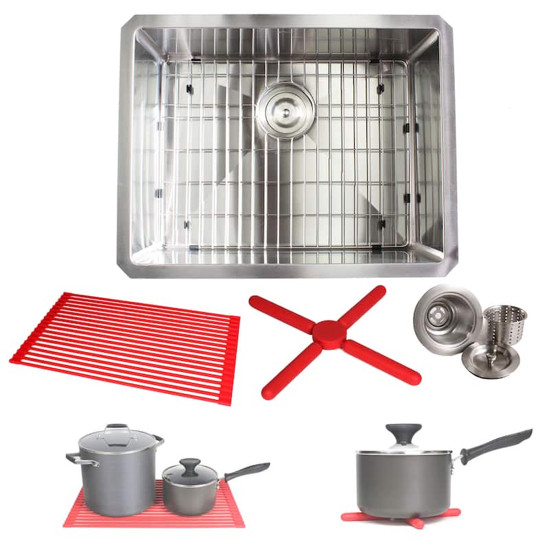 23-inch Stainless Steel 15mm Radius Single Bowl 16 Gauge Undermount Kitchen Sink Complete Combo Accessories