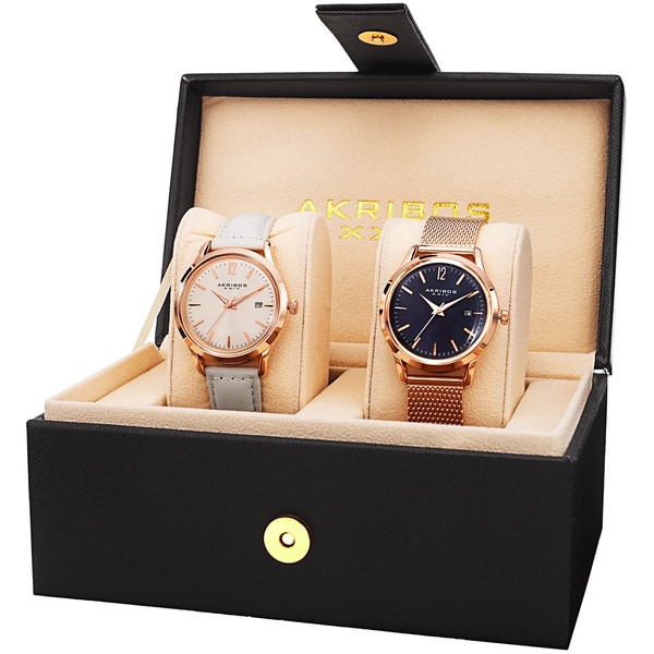 Akribos XXIV Women's Quartz Rose-Tone Leather Strap & Stainless Steel Bracelet Watch Set
