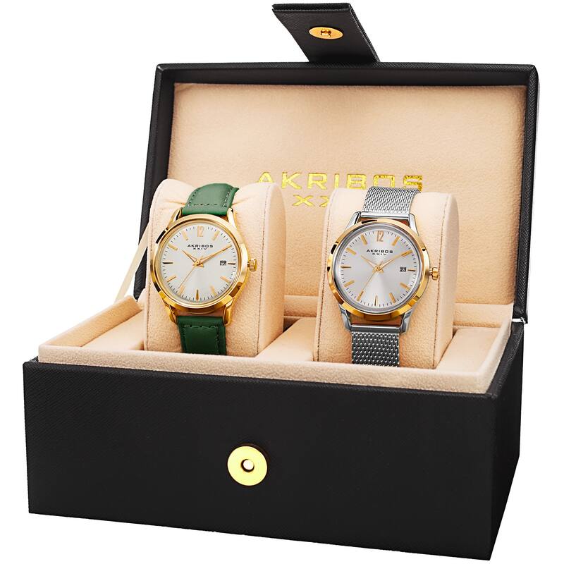 Akribos XXIV Women's Quartz Green Leather Strap & Stainless Steel Bracelet Watch Set