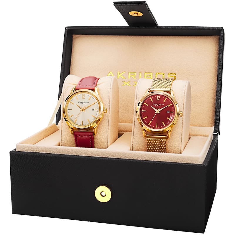 Akribos XXIV Women's Quartz Red Leather Strap & Stainless Steel Bracelet Watch Set
