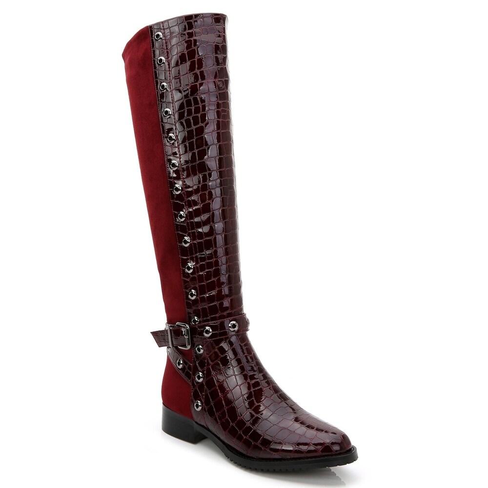 ANN CREEK Womens Rucio Low Heel Croc Print Front 2-Tone Perforated Trim Boots