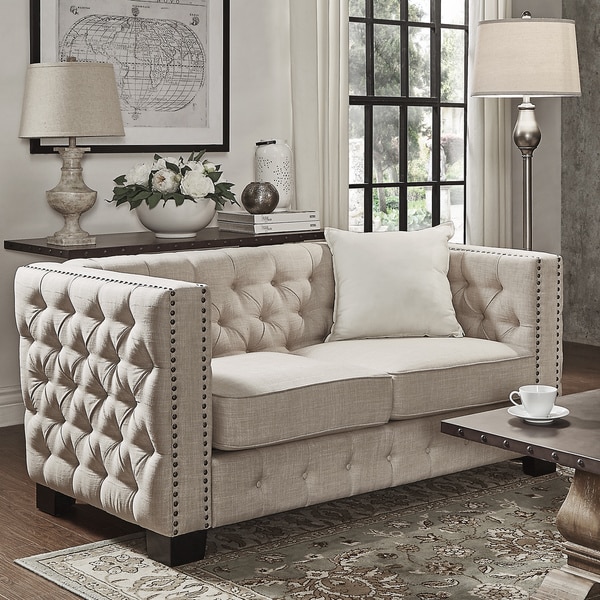 Knightsbridge Beige Linen Tufted Fabric Nailhead Loveseat By Living Room Furniture Loveseats Knightsbridge Beige Linen Tufted Fabric Nailhead Loveseat By Inspire Q