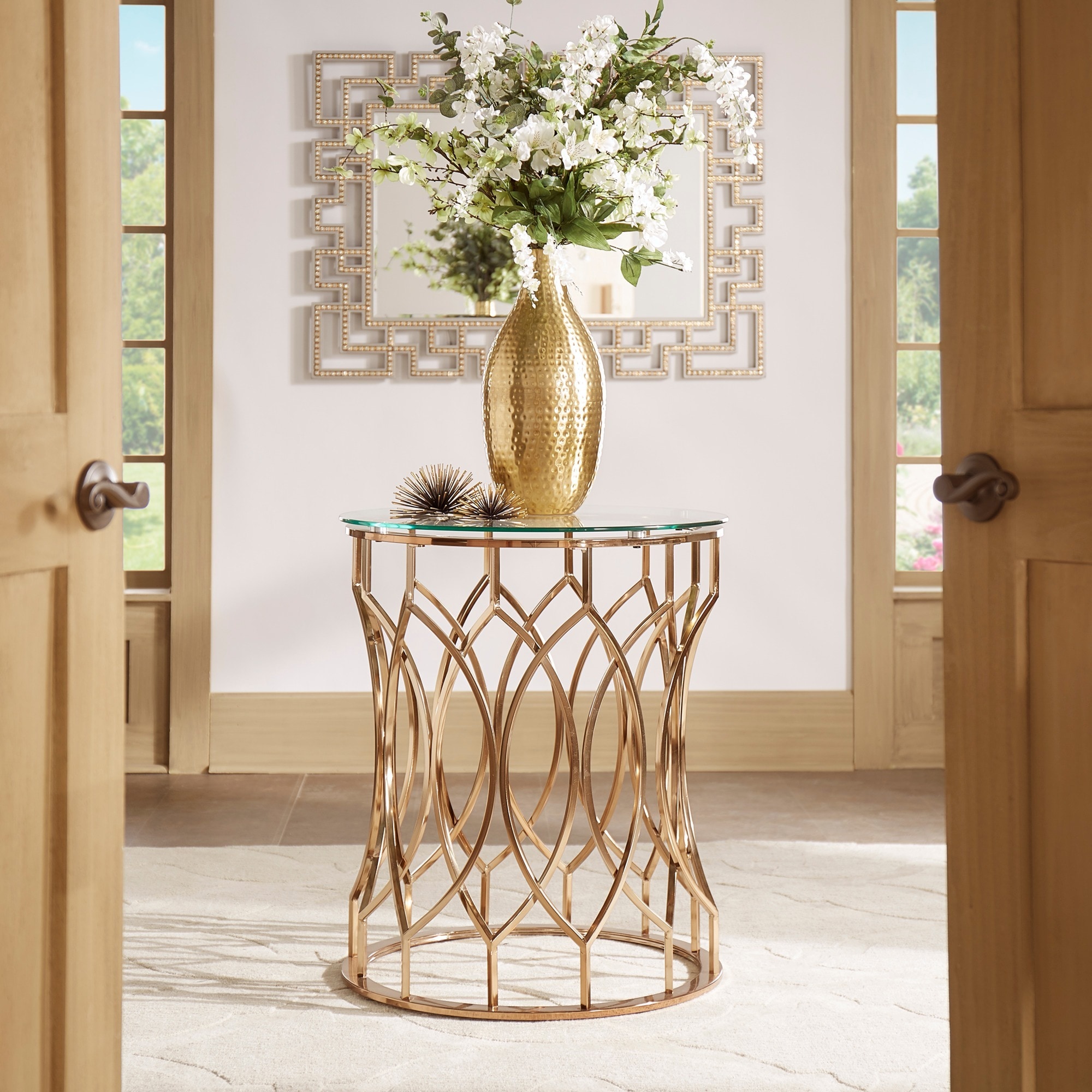 Shop Davlin Modern Glam Round Glass Top Metal Foyer Table By
