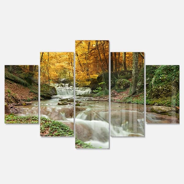 Designart 'Forest Waterfall with Yellow Trees' Landscape Artwork Glossy ...