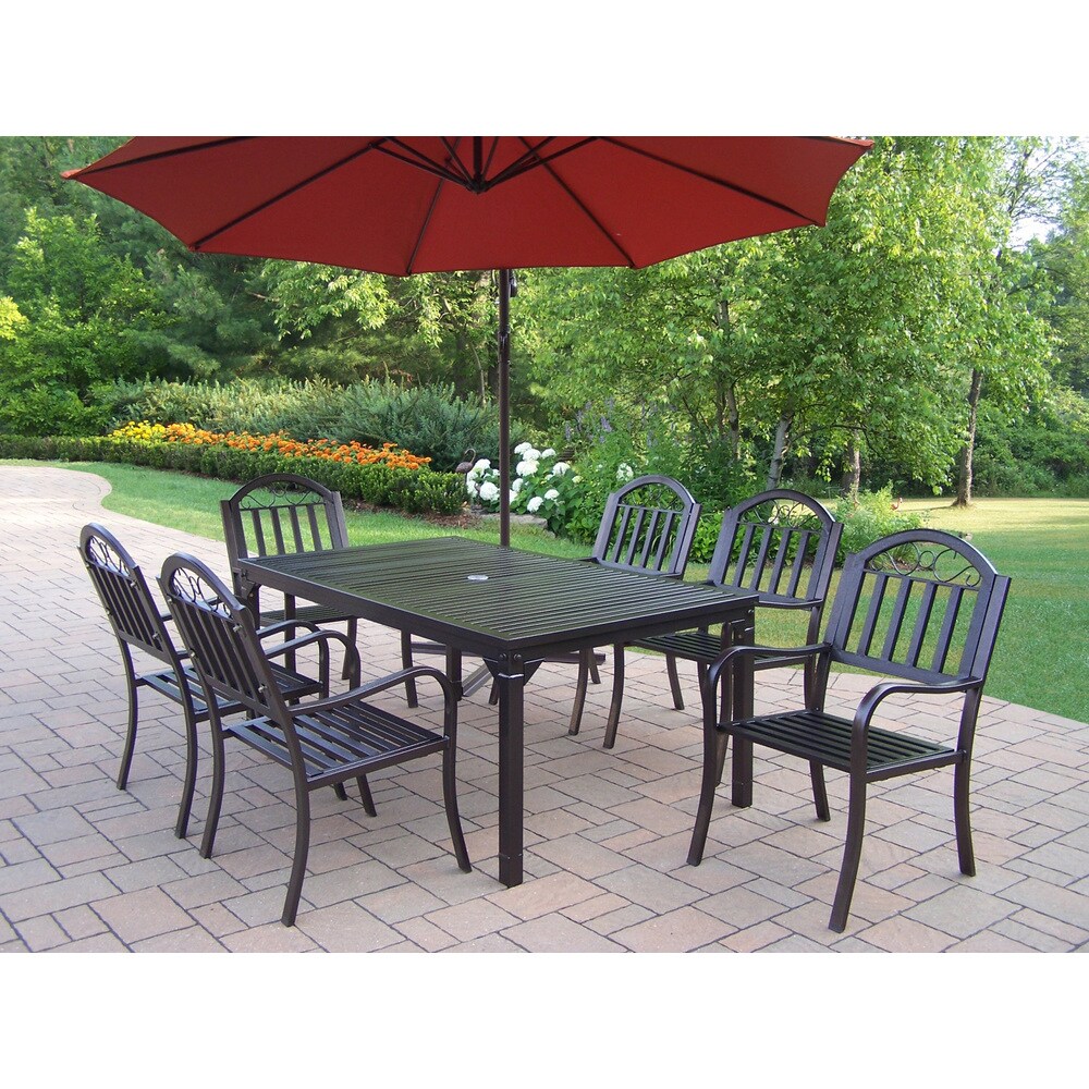 Oakland Living Corporationhometown 8 Piece Outdoor Dining Set With 10 Ft Orange Umbrella Hammertone Brown Orange Umbrella Dailymail