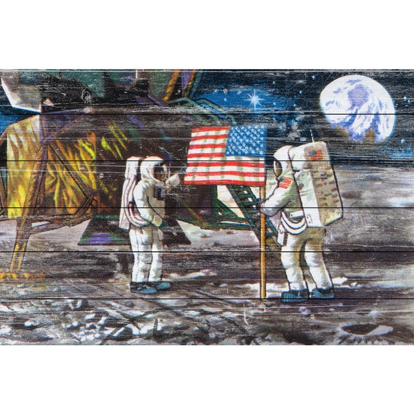 Marmont Hill - Handmade Moon Landing Painting Print on White Wood