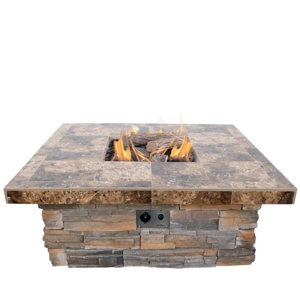 48-inch Stone Veneer Propane Gas Fire Pit in Gray with Log Set and Lava Rocks
