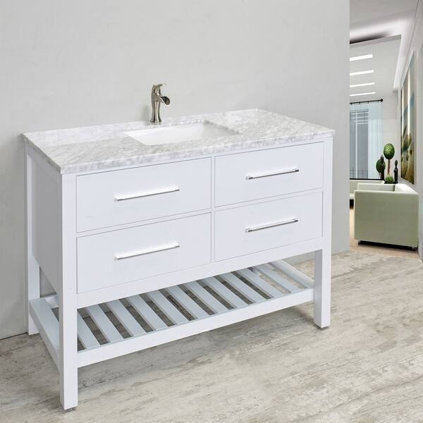48-inch White Bathroom Vanity with White Carrera Marble Counter-top -  Overstock - 13934807