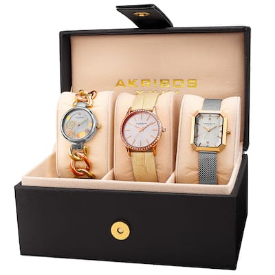 Akribos XXIV Women's Quartz Two-Tone Diamond Crystal Triple Watch Set