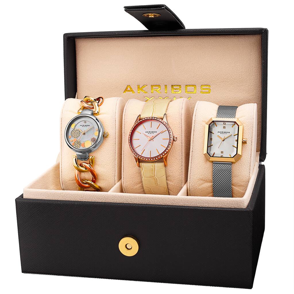 Akribos XXIV Women's Quartz Two-Tone Diamond Crystal Triple Watch Set