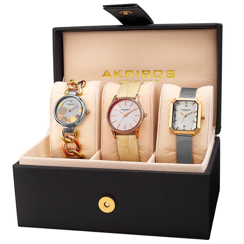 Akribos XXIV Women's Diamond Crystal Triple Watch Set - Silver-Tone - Silver-Tone/Beige
