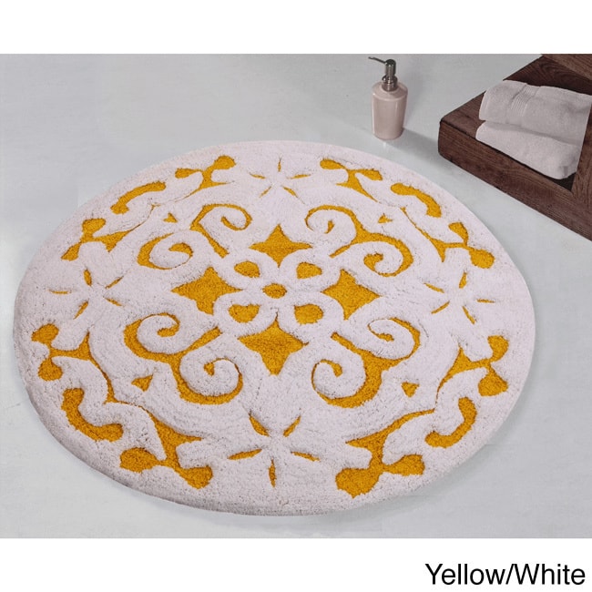 Saffron Fabs Soft Cotton, Non-Skid, Damask Pattern, 200 GSF 36-inch Round Bath Rug - Yellow