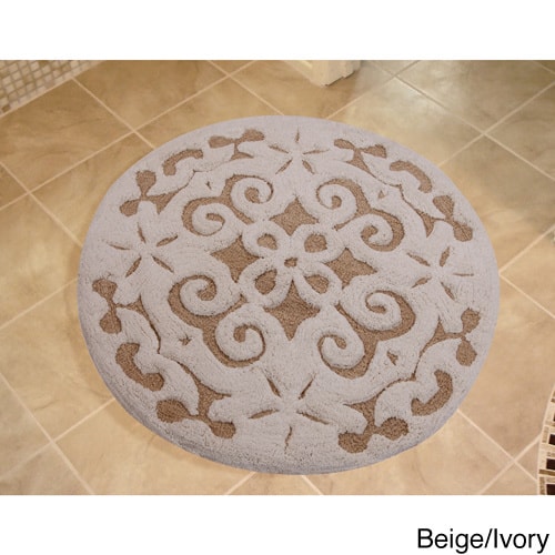 Saffron Fabs Soft Cotton, Non-Skid, Damask Pattern, 200 GSF 36-inch Round Bath Rug - Beige