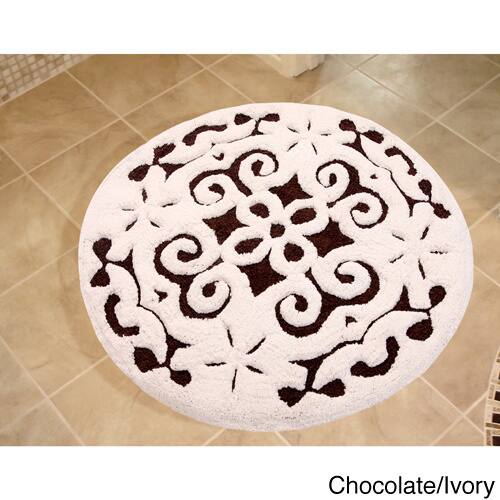Saffron Fabs Soft Cotton, Non-Skid, Damask Pattern, 200 GSF 36-inch Round Bath Rug - Chocolate/Ivory